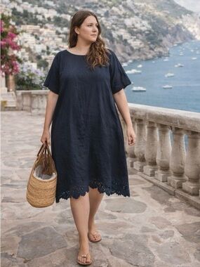 Bella Umbra Linen Dress Navy Crochet Hem Italy 1X Boho Coastal